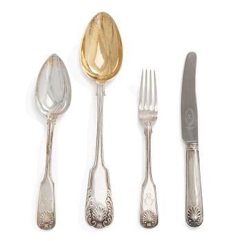 C. J. Heyne and Grachev, a parcel-gilt serving spoon, and a 36-piece silver cutlery set, St. Petersburg 1825 and 1894.