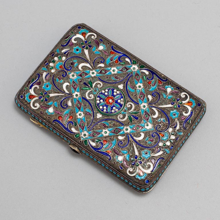 A Russian 20th century silver and cloisonne enamel cigarette case, mark of Mikhail Zoirn, Moscow 1908-1917.