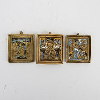 A set of five Russian brass and enamel Icons around 1900.