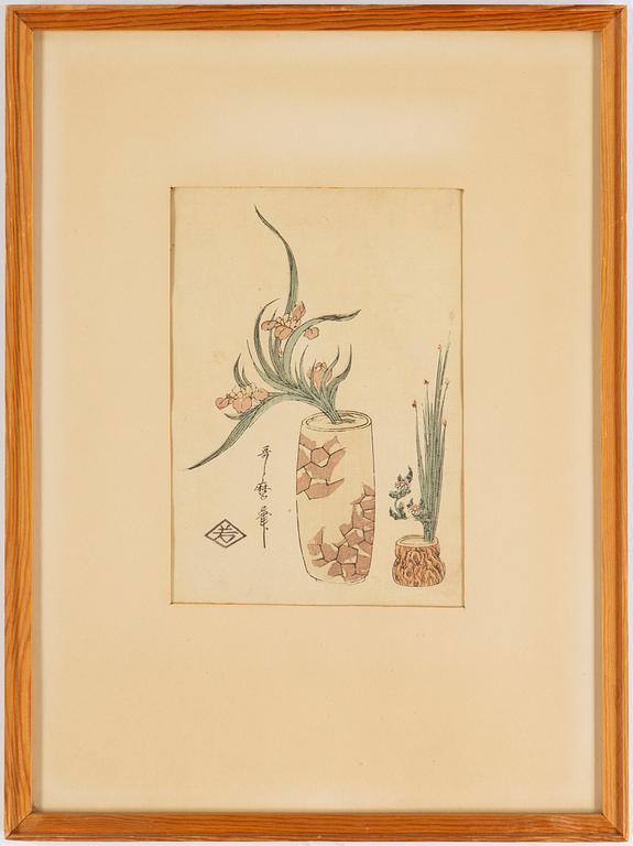 KITAGAWA UTAMARO, samt KATSUKAWA SHUNSHO, efter. Färgträsnitt, två stycken. Japan, sent 1800-tal/tidigt 1900-tal.