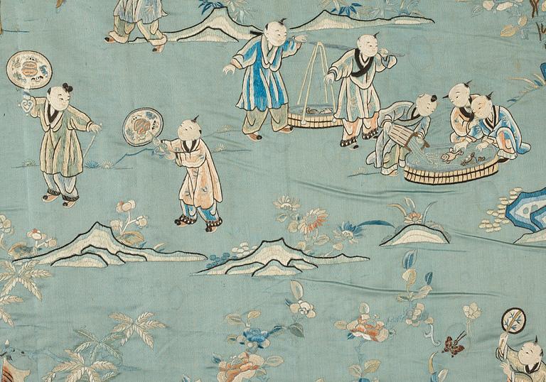 TEXTIL, broderat siden på yllebotten. Sen Qingdynasti.