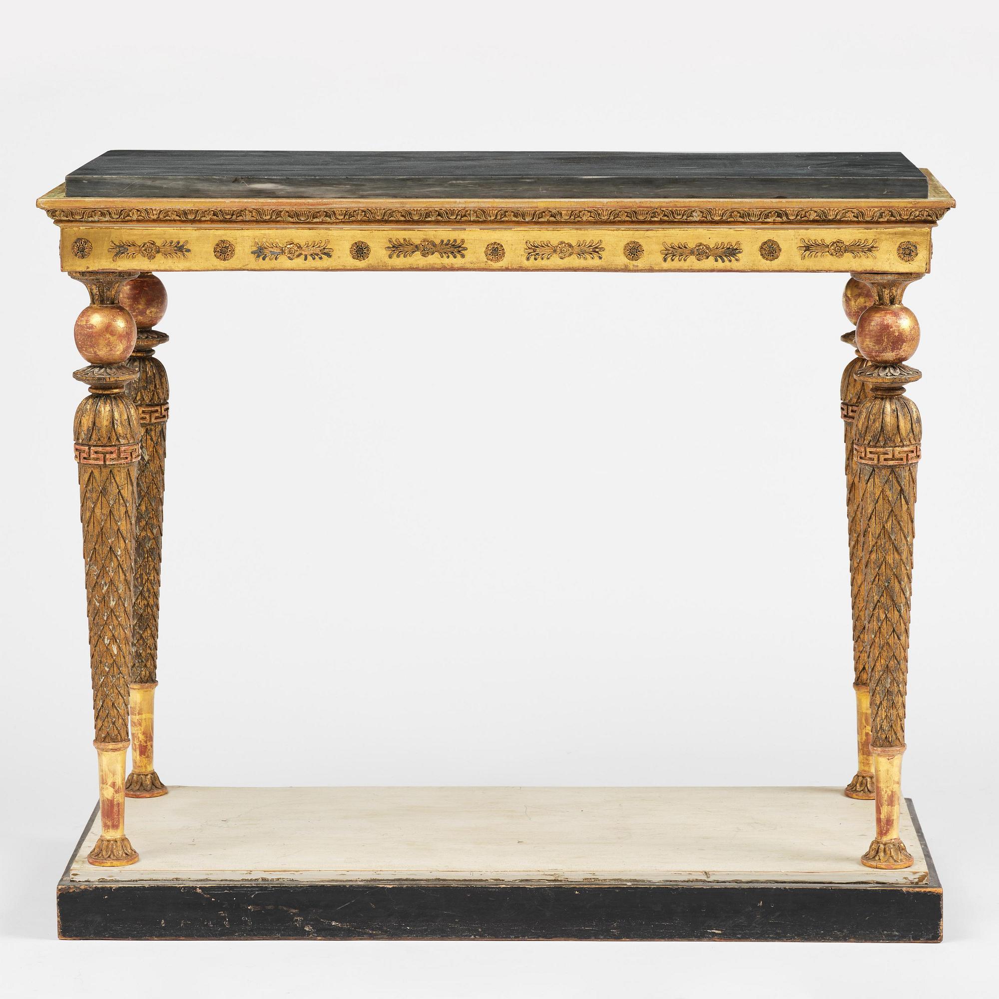 A late Gustavian giltwood console table in the manner of Jonas Frisk, Stockholm, circa 1800.
