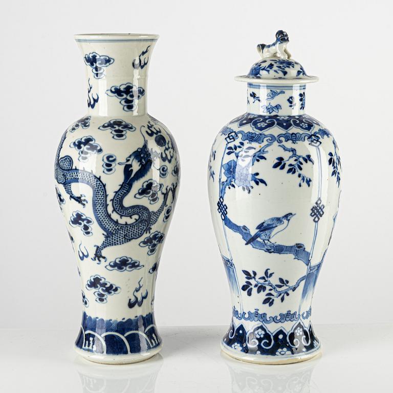 A blue and white porcelain urn and vase, China, 20th century.