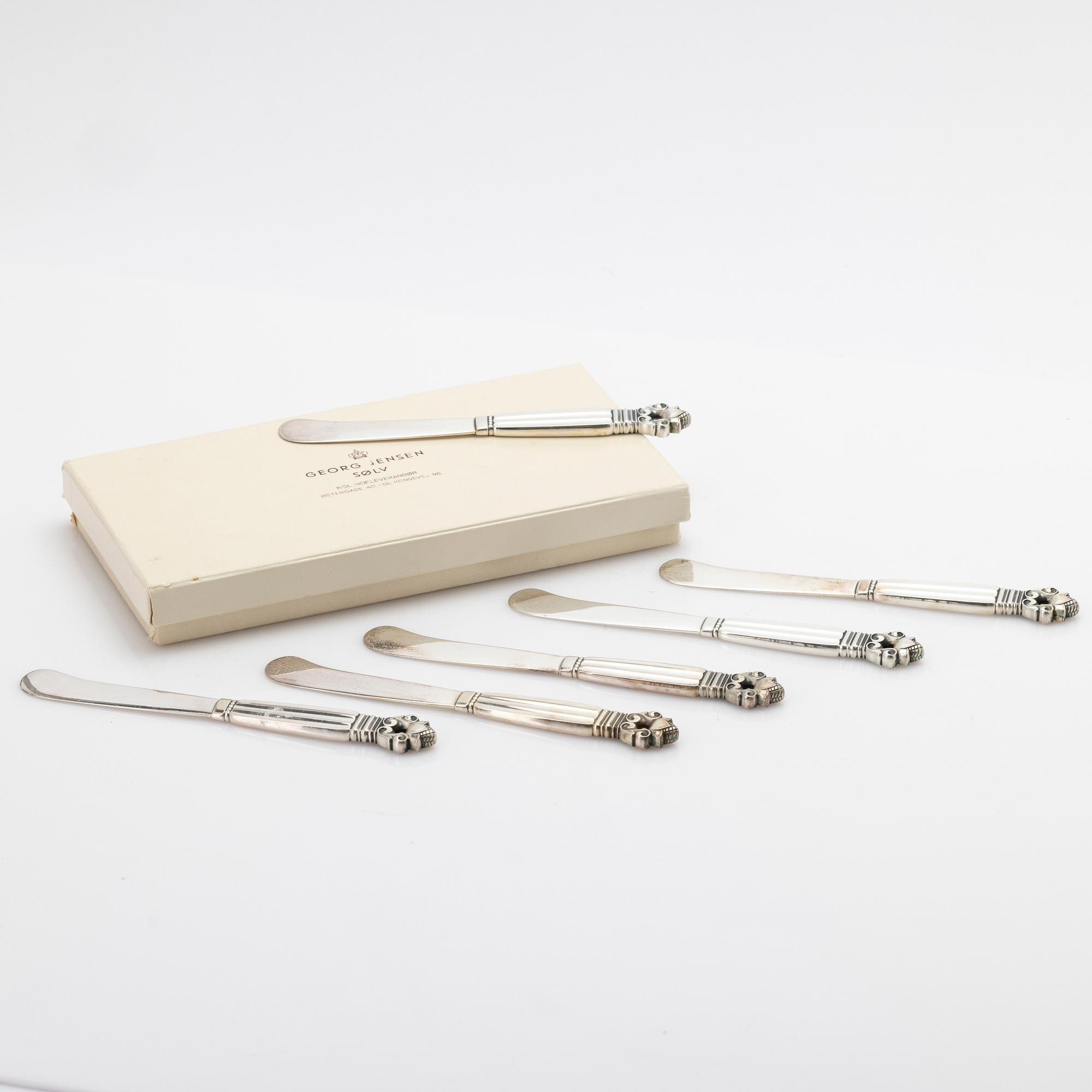 Johan Rohde, Butter knives, 6, sterling silver, “Konge” / “Acorn”, Georg Jensen, Denmark, after 1945.
