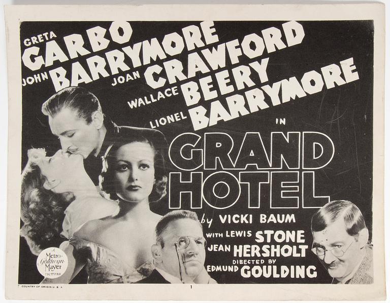 LOBBYCARD, 8 st, "Grand hotel", film med Greta Garbo, från tidigt 1950-tal, MGM.