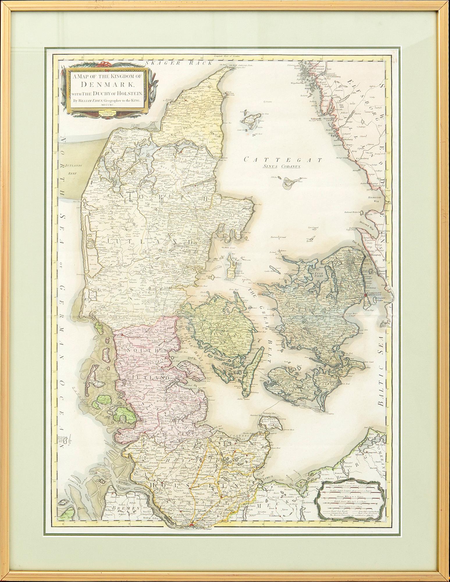 William Faden, karta Danmark, handkolorerat kopparstick, London 2 Aug 1790.