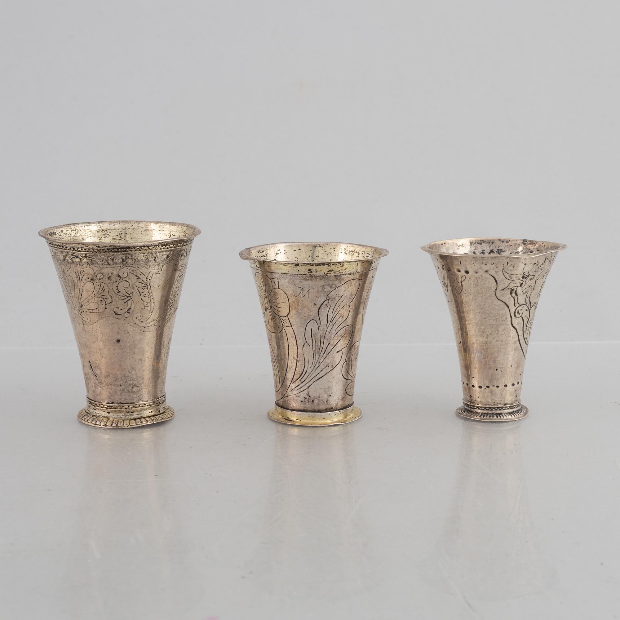 Bägare, 3 st, silver, bl a Sven Nyberg, Varberg 1769.