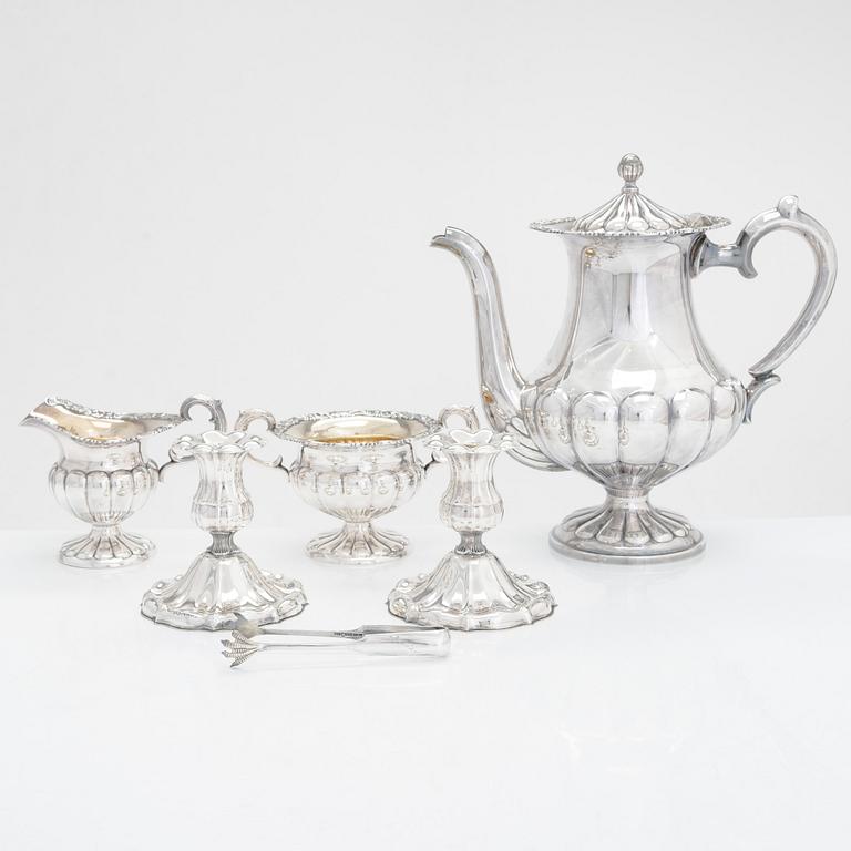 Silver sugar tongs, Herman Wist, Uusikirkko, Carelia 1928, a 3-piece coffee service, a candlestick pair, Finland 1950s.