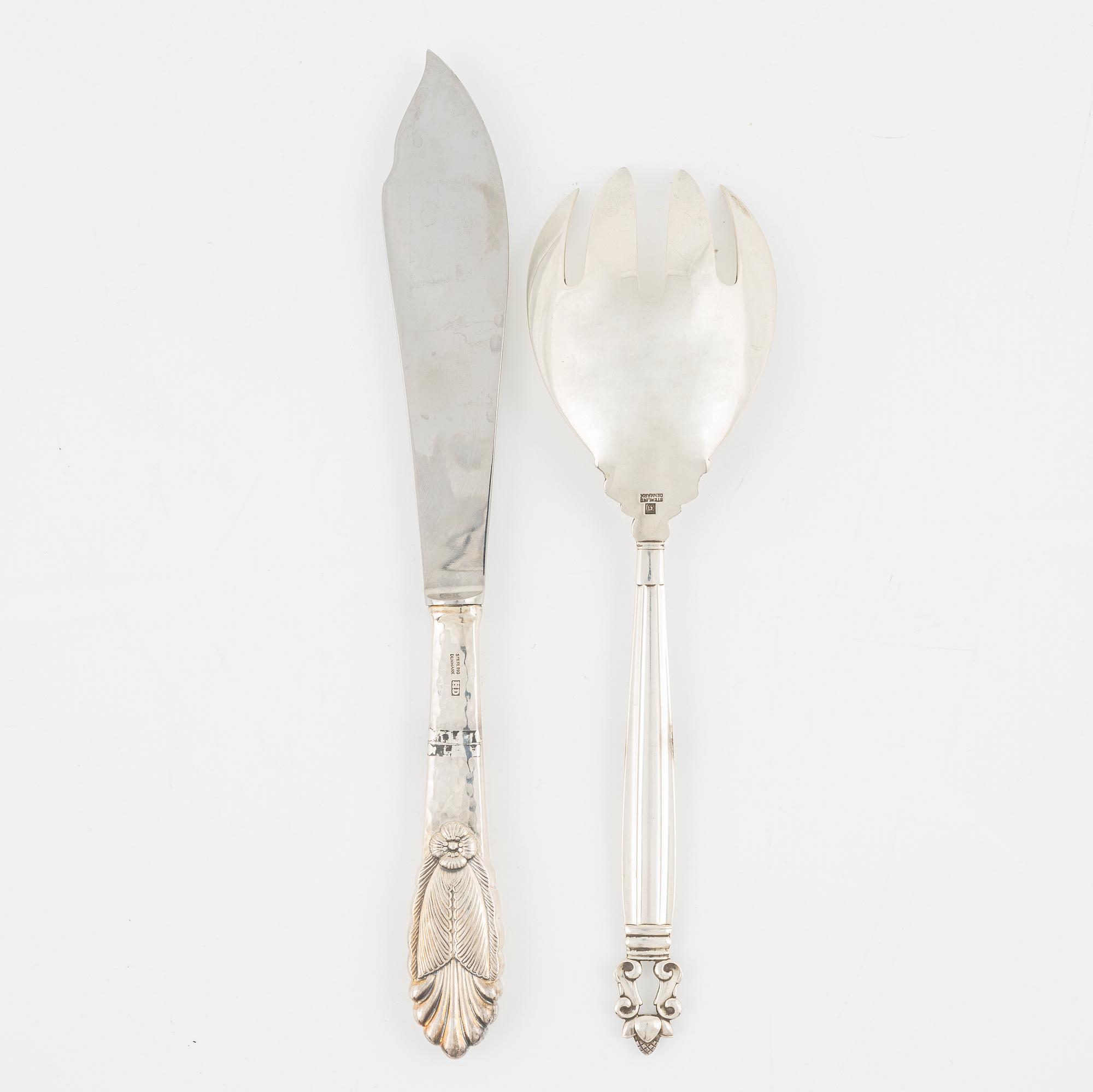 A Georg Jensen serving fork, "Acorn",  and a cake knife, sterling silver, Denmark.