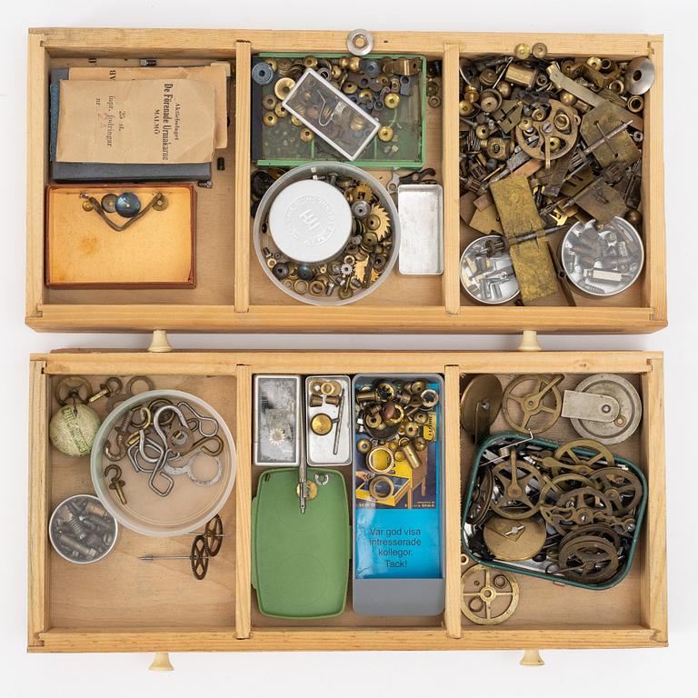 Watchmaking tools and spare parts, including a lathe by Lorch.