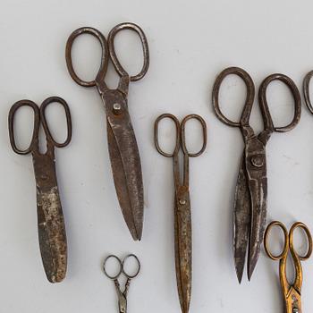 9 pair of iron and metal scissors from the 19th century.