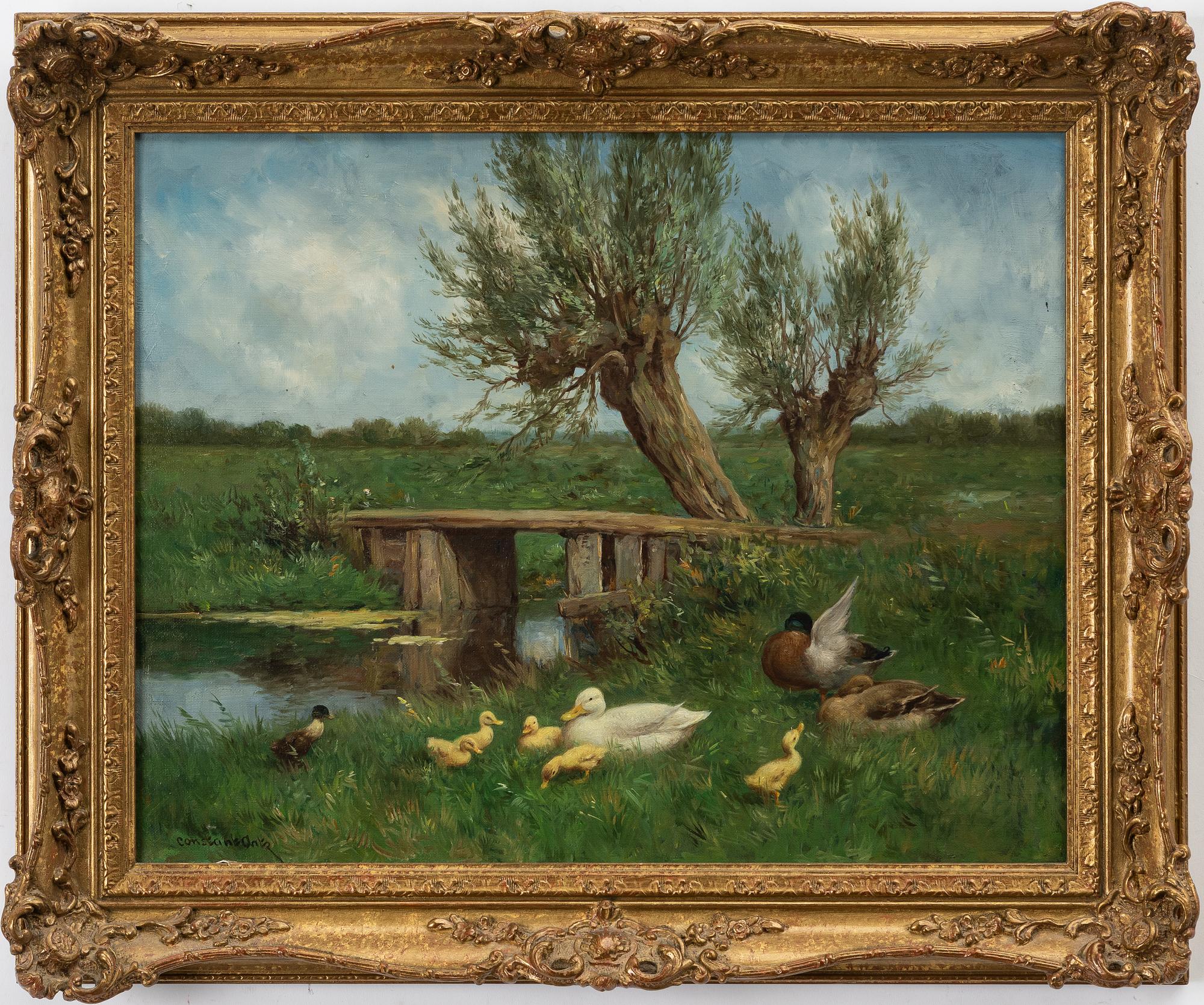 Constante Artz, Family of Ducks by a River.