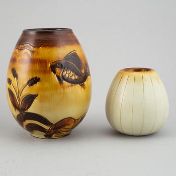 Gertrud Lönegren, two stoneware vases and a plate, Rörstrand, 1936-1941.