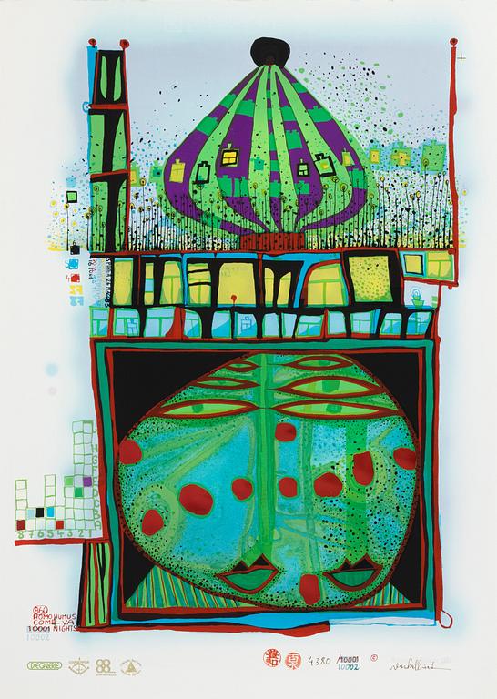 Friedensreich Hundertwasser, photo lithograph and silk screen with metal embossing, 1984. Signed and numbered 4380/10002.