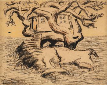 663. Carl Fredrik Hill, Treehouse with figure and animal.
