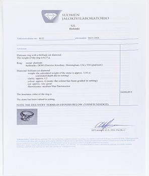 A platinum ring, with a brilliant-cut diamond approximately 3.10 ct. Domino Jewellery, Birmingham, England.