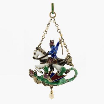 Pendant in silver and enamel with pearls and red stones "St George and the Dragon", Neo-Renaissance.