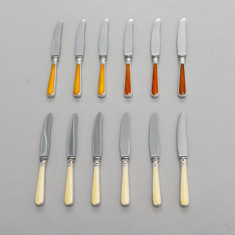 A set of twelve Tillander knives, enamel and silver (.916), Helsinki, Finland 1968. Danish steel blades.