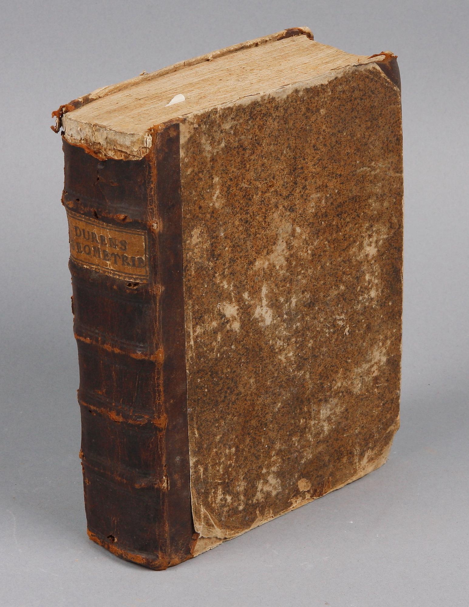 BOK, 2 sambundna, "Geometria..." av And. Gab. Duhre, Stockholm 1721 resp "Mathesin universalem och algebra..." av Georg Brandt, Stockholm 1718.