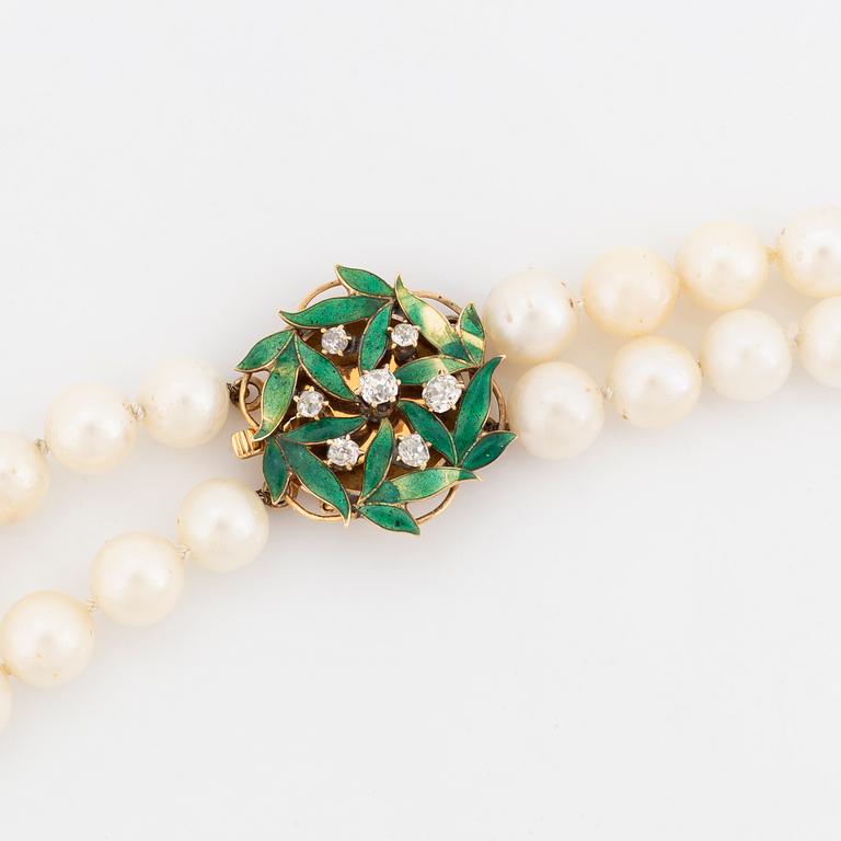 Cultured salt water pearl necklace, Claps 18K gold with enamel and old cut diamonds.