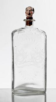 BRÄNNVINSFLASKA OCH PROPP, glas porslin, 1700-tal resp 1800-tal.