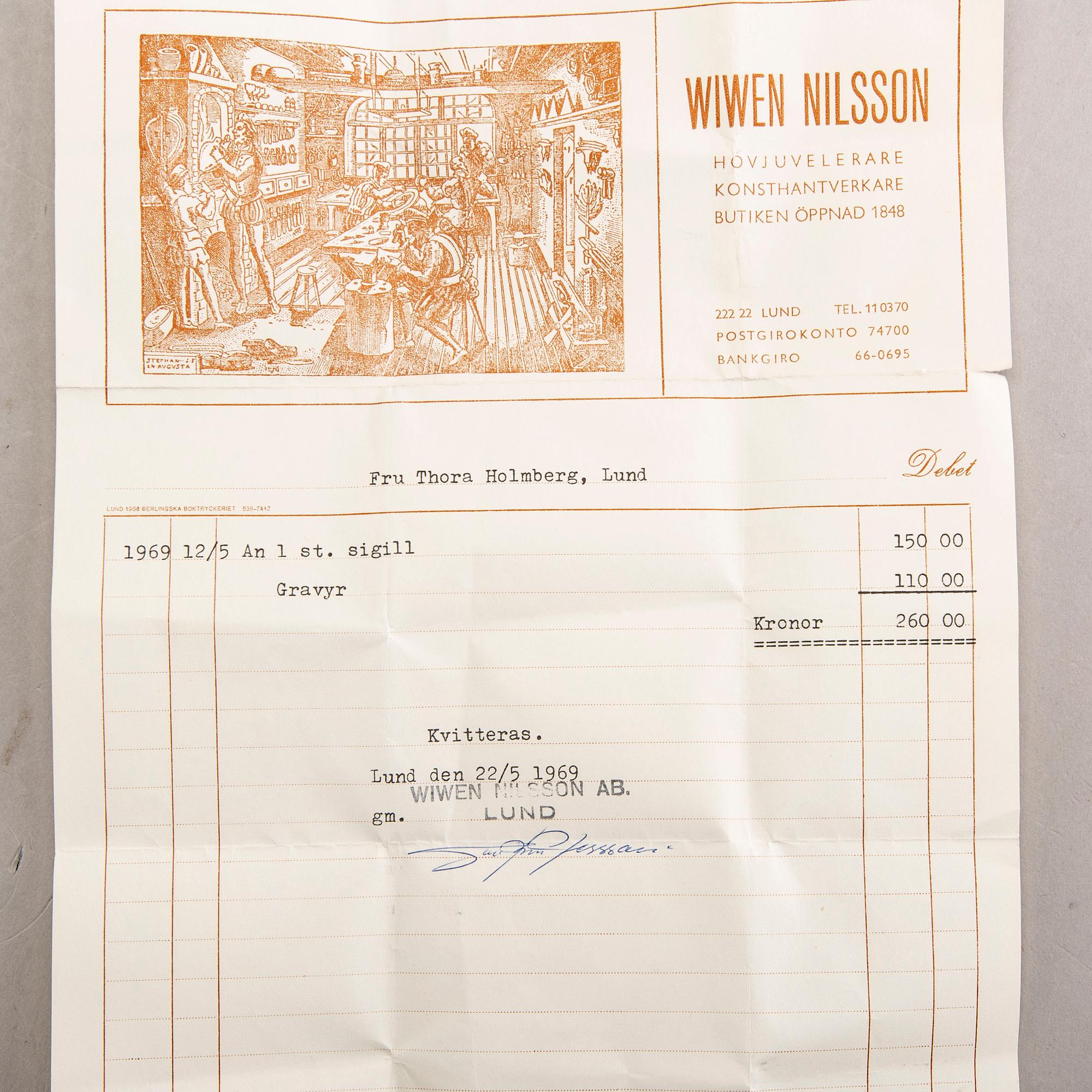 A Swedish 20th century sterling seal mark of Wiwen Nilsson Lund 1969.