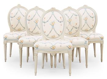 1550. A set of five matched Gustavian chairs by J Malmsten, master 1780.