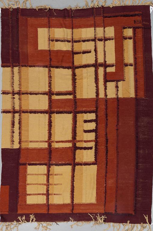 A CARPET, knotted pile in relief and flat weave, ca 306,5 x 205 cm, signed KS 1946, Sweden, probably Scania.