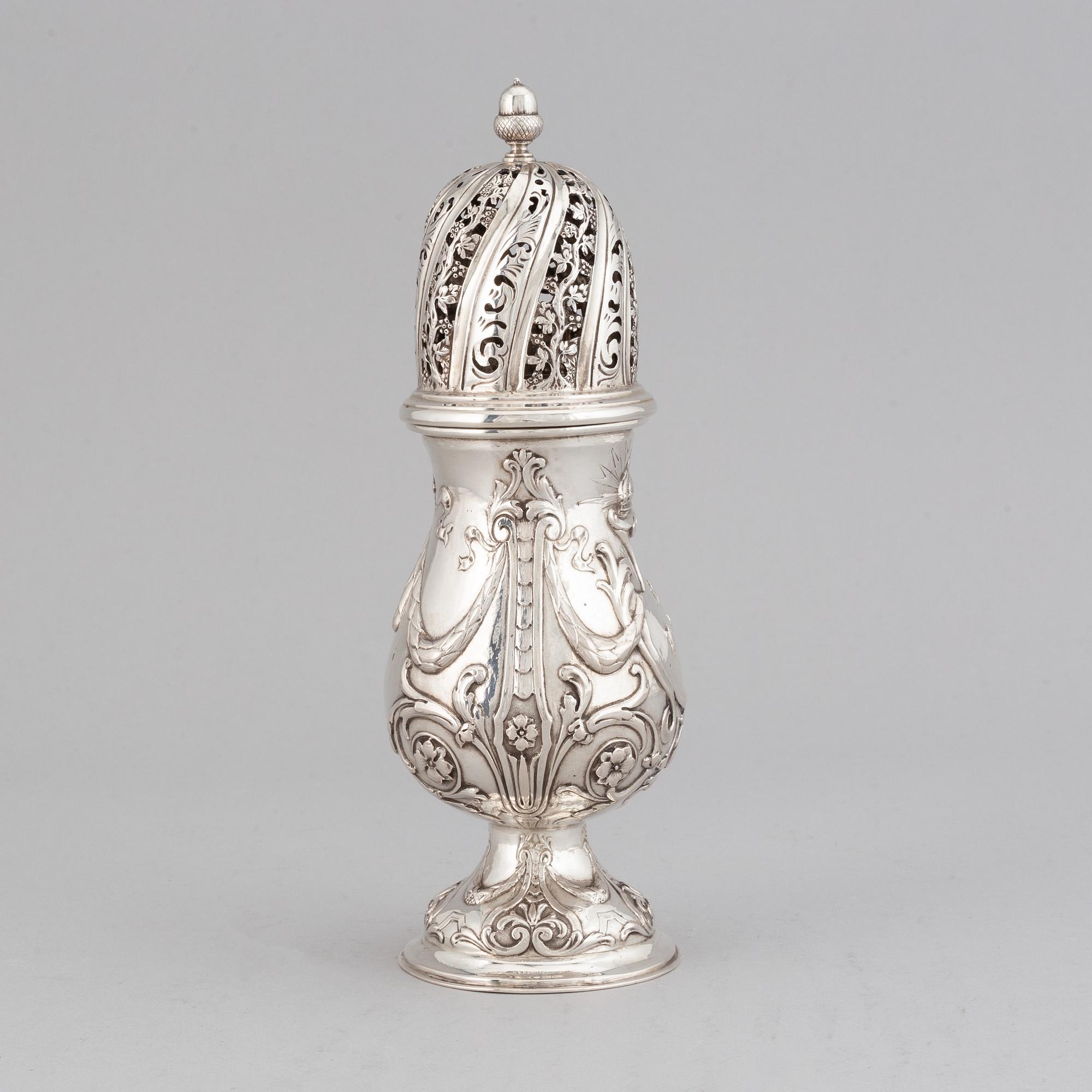 A French 19th/20th century silver sugar-caster. Rococo-style.