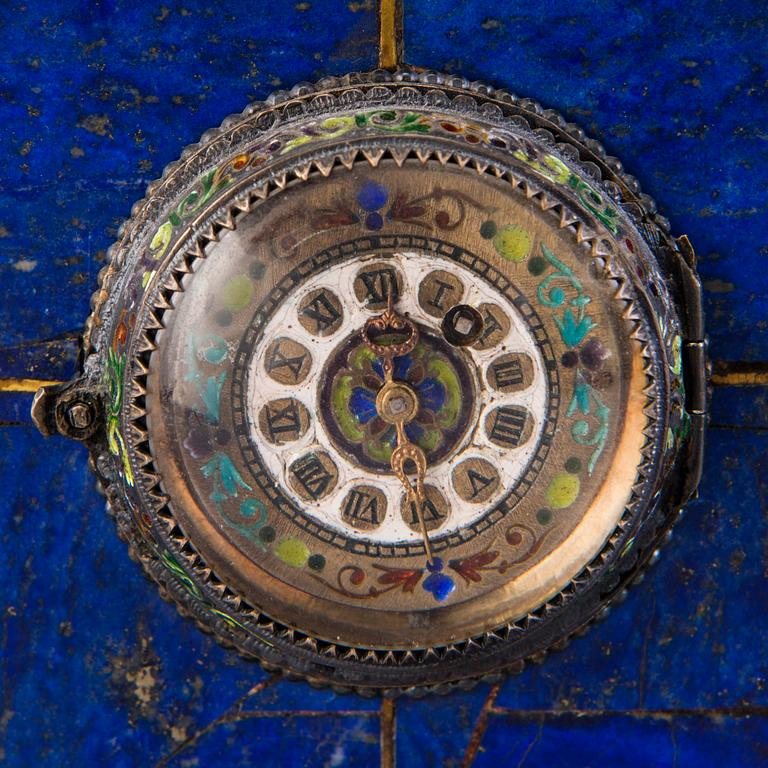 An Austrian silver, enamel and lapis lazuli mantel clock, probably by Hermann Böhm, Vienna, latter half of 19th Century.