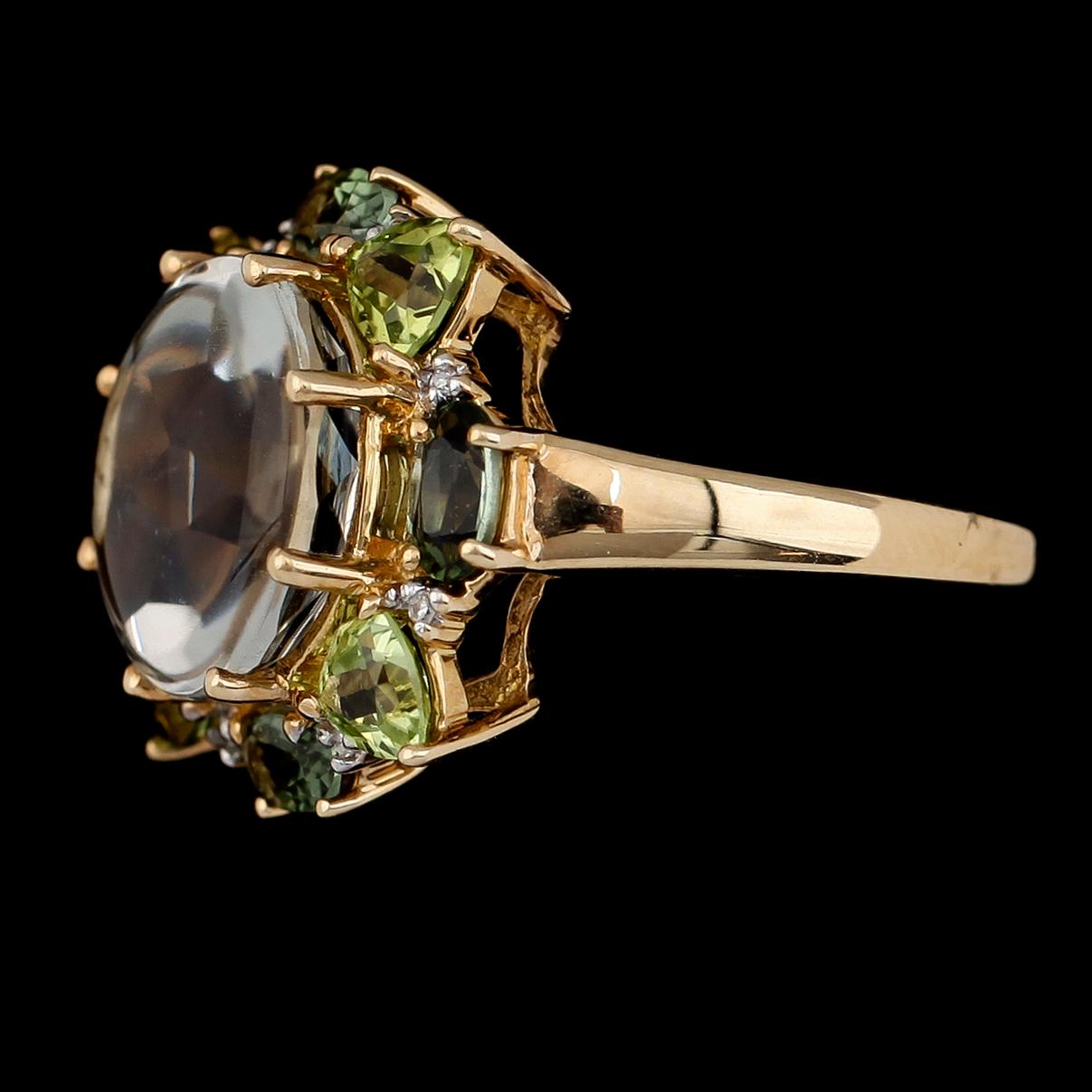 RING, 10K guld, turmaliner och peridoter.