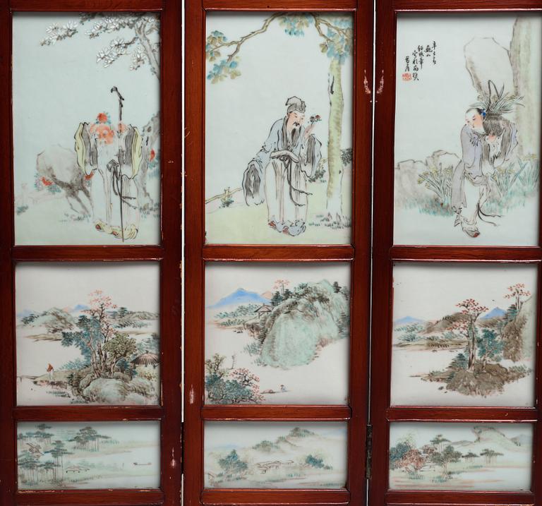 A Chinese folding screen with 48 porcelain tiles, late Qing dynasty, signed Ren Huanzhang, and dated 1881.