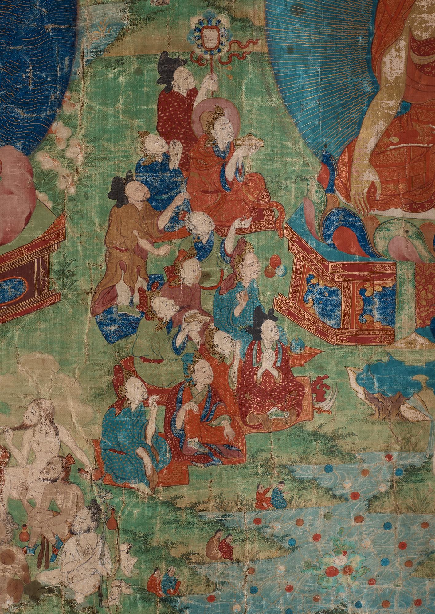 THANGKA. Tibet, troligen 1800-tal. Shakyamuni med lärjeungar och lamor.