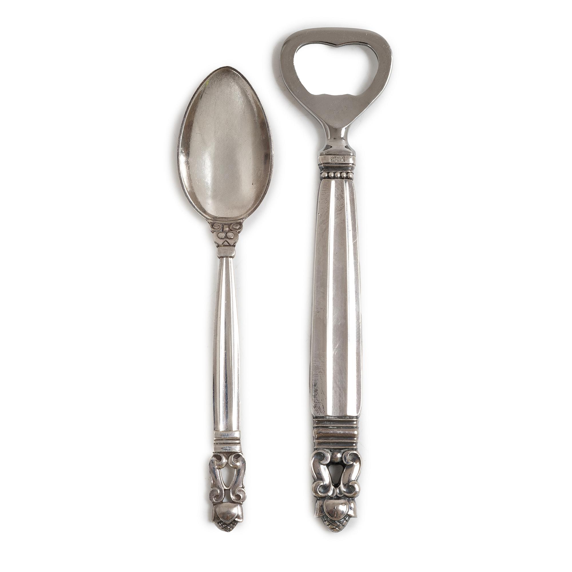 Kapsylöppnare samt sked, silver, "Konge", Georg Jensen.