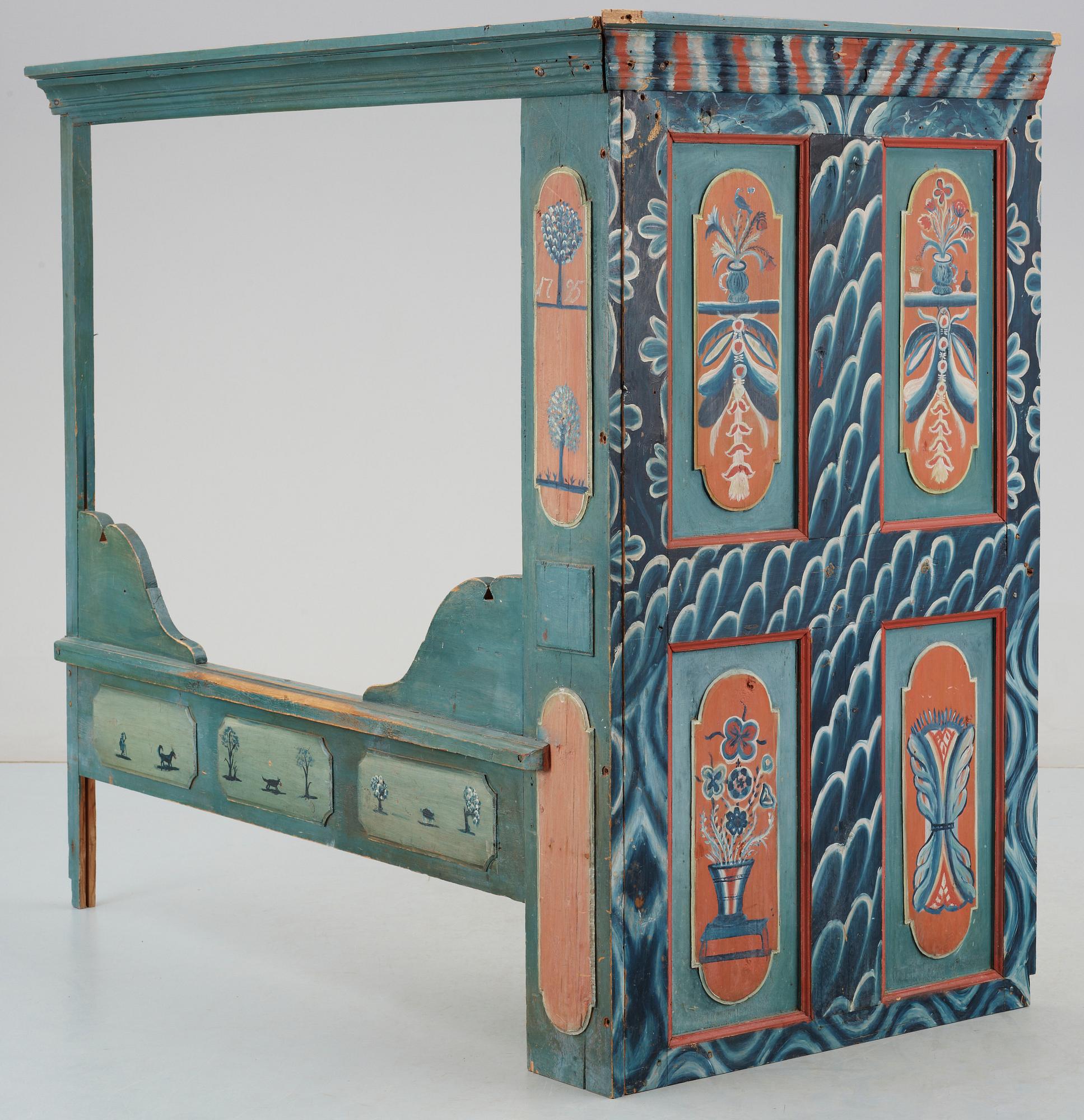 VÄGGFAST SÄNG, allmoge, Hede, Härjedalen. Bär dat 1795. Målningen utförd av vandrande målare från Järvsö, Hälsingland.