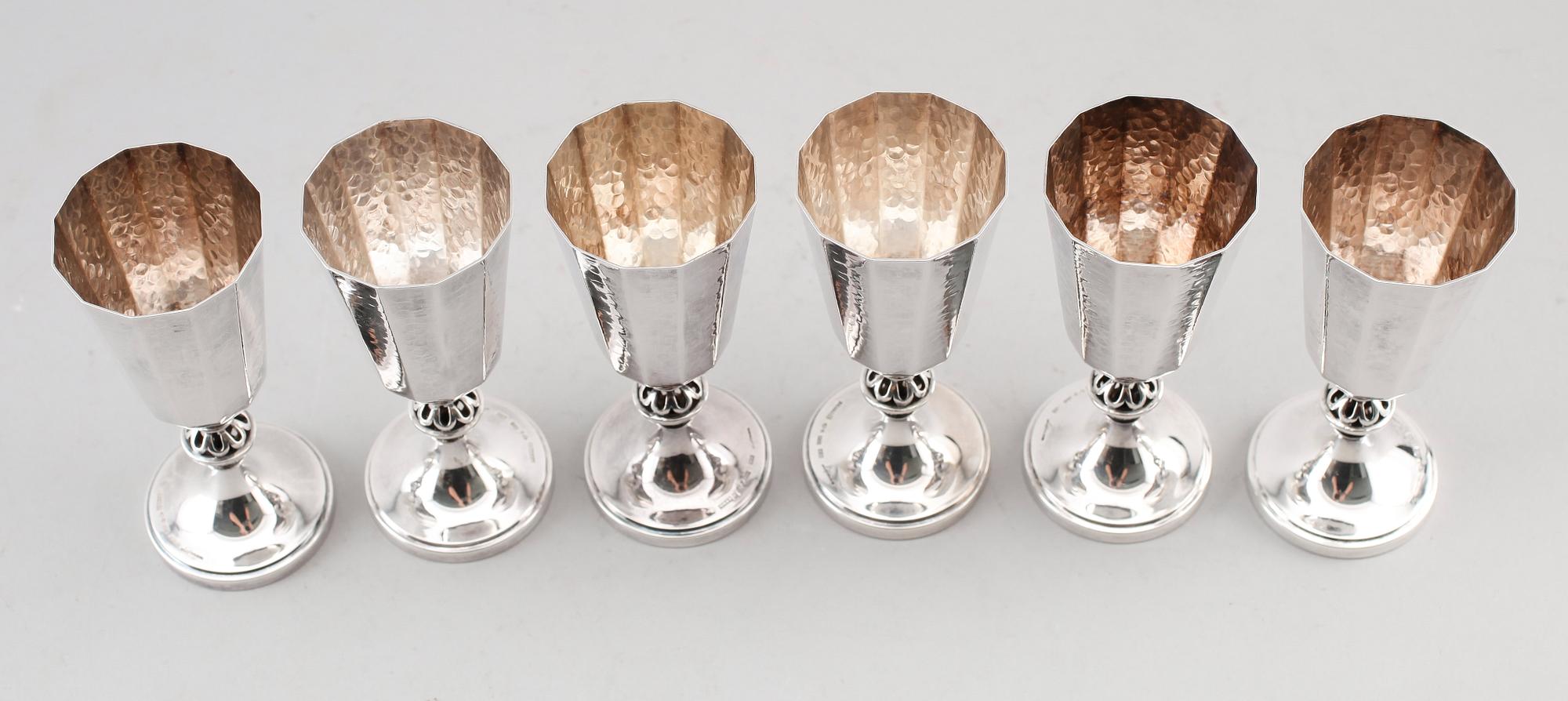 SNAPSGLAS, 6 st, silver, Löfman, MGAB, Uppsala 1976. Total vikt ca 286 g.