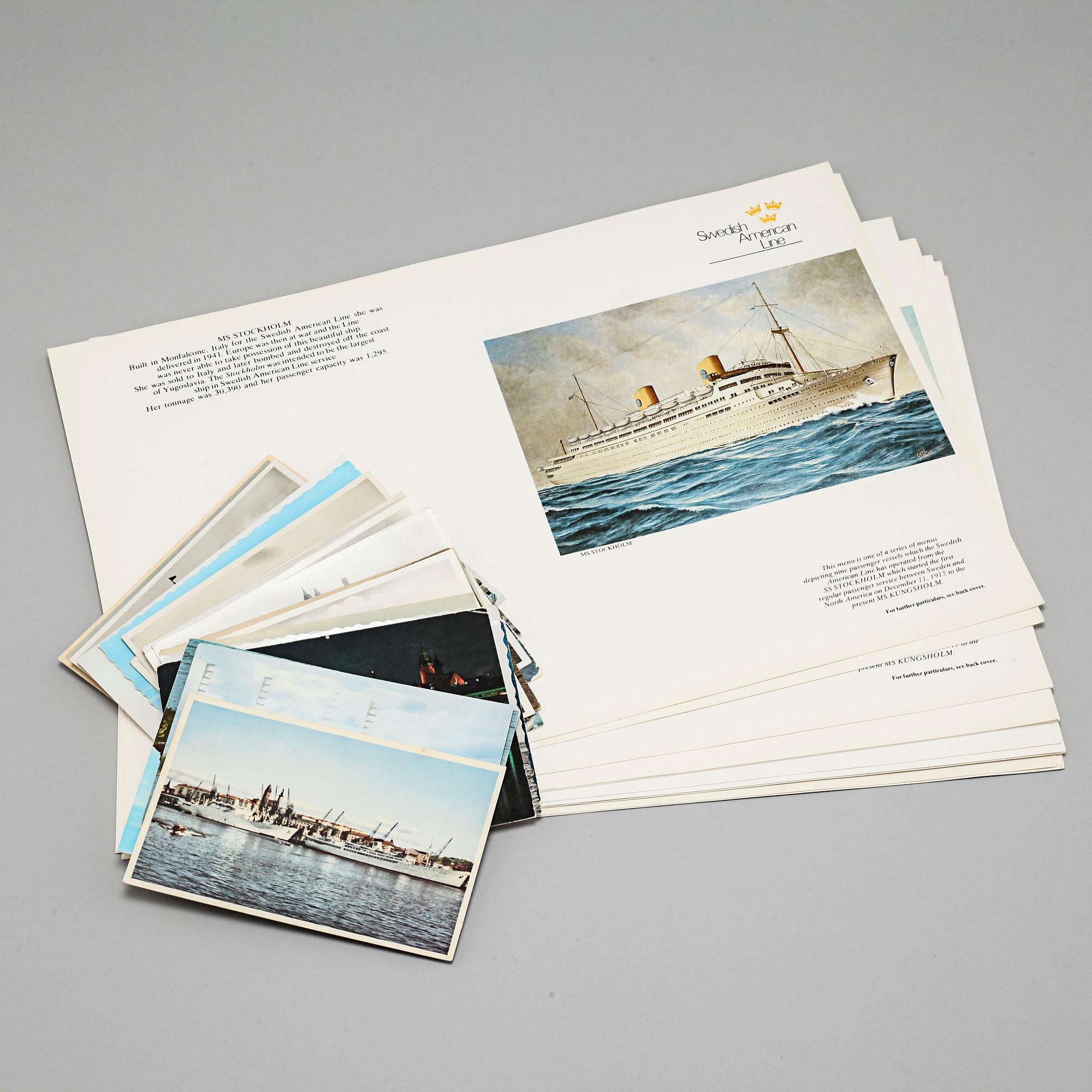 Memorabilia from the Swedish American Line, meny folders and postcards, 20th century.