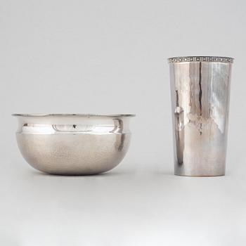 Tapio Wirkkala, a sterling silver bowl, Finland 1973, and Eric Löfman, a silver beaker, MGAB, Sweden 1975.