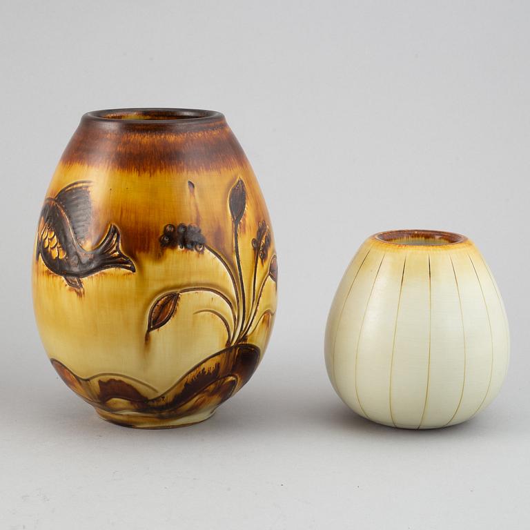 Gertrud Lönegren, two stoneware vases and a plate, Rörstrand, 1936-1941.