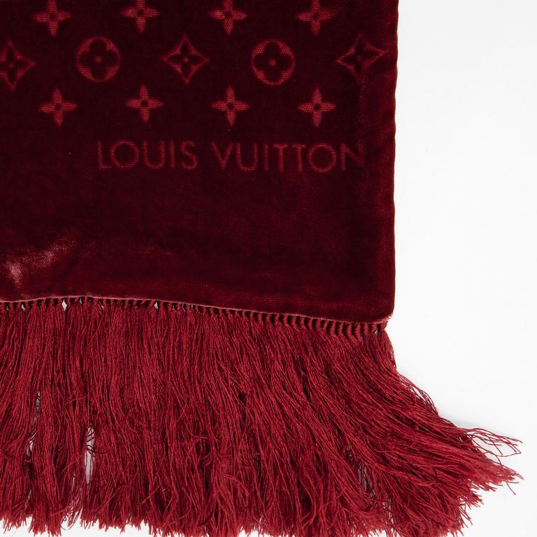 LOUIS VUITTON, a red velvet monogrammed scarf.