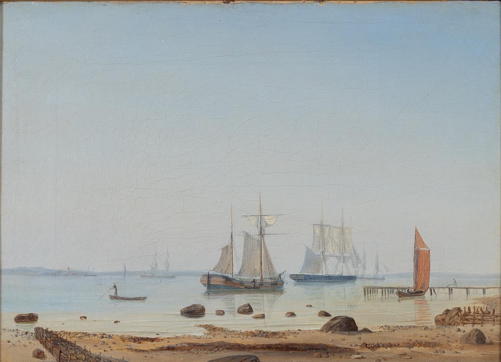 Carl Julius Emil Olsen, Coastal Scene with a Jetty and Boats in Calm Water.