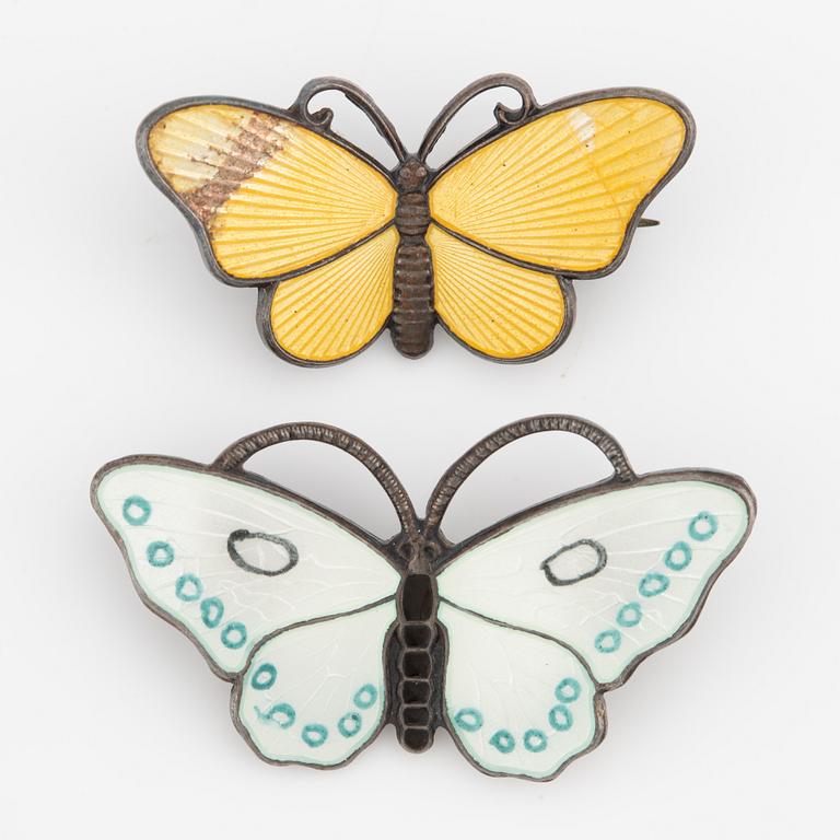 Brooches, a pair, butterflies, Aksel Holmsel, silver and enamel.