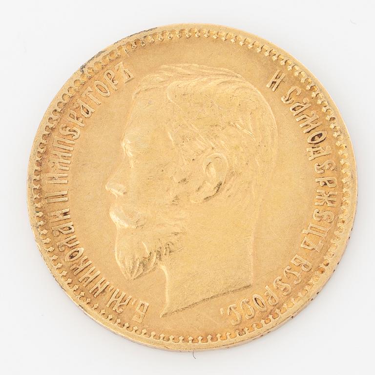 Pendant in gilded silver with two gold coins, 20 kr Oscar II 1875 and 5 rubles Nicholas II 1900.