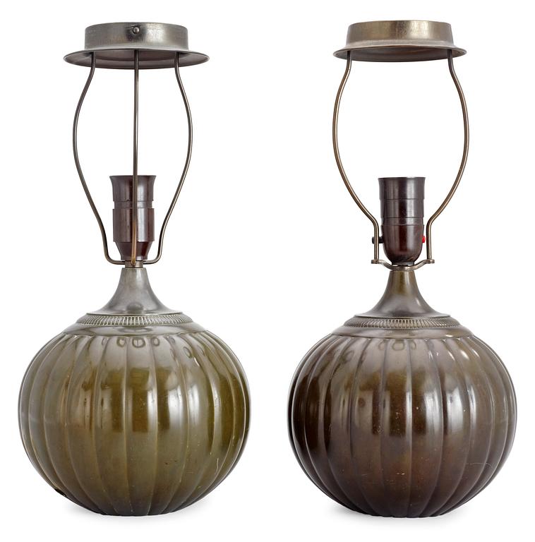 Two Just Andersen spherical patinated metal table lamps, Denmark 1920's-30's.