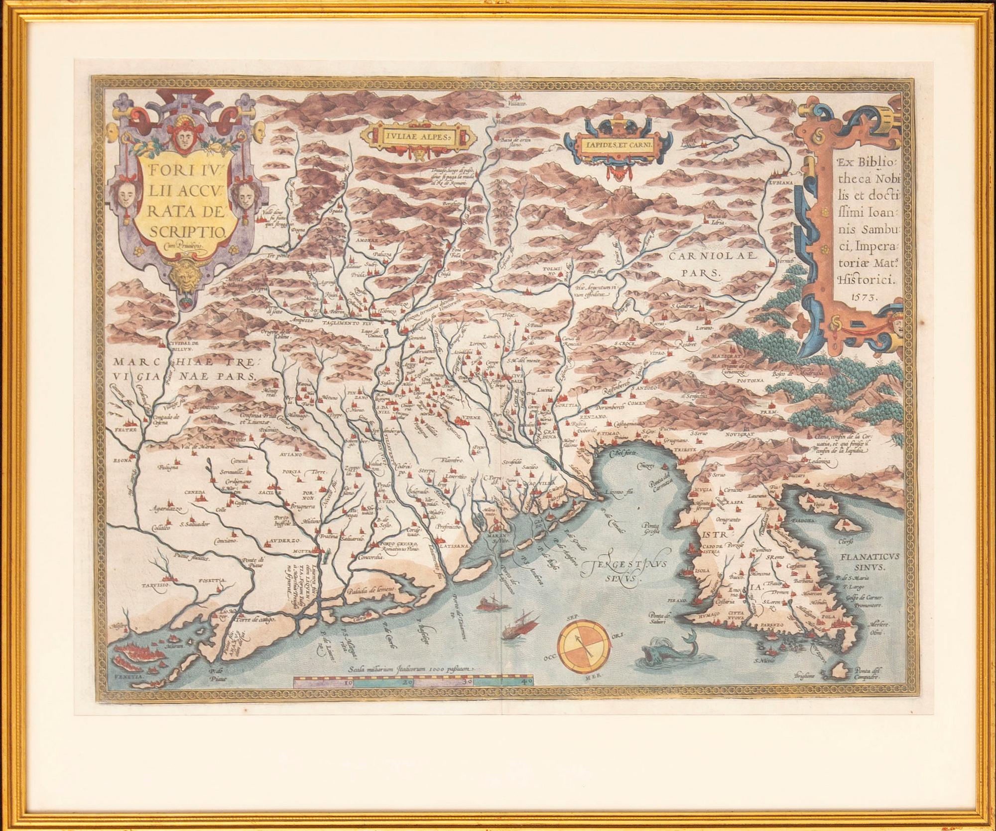 Johannes Sambucus, map Gulf of Venice with Friuli-Venezia Giulia, hand colored copper engraving, dated 1573.