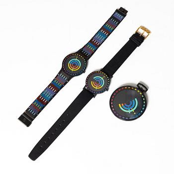 Yaacov Agam, Movado, "Rainbow", Two wrist watches, a table clock and a pocket watch.