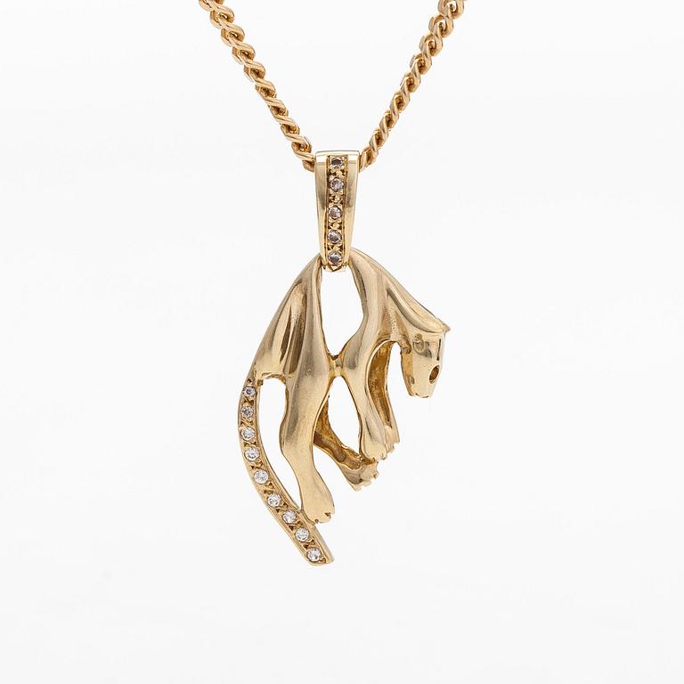 A 14K gold necklace with a panther pendant set with white stones.