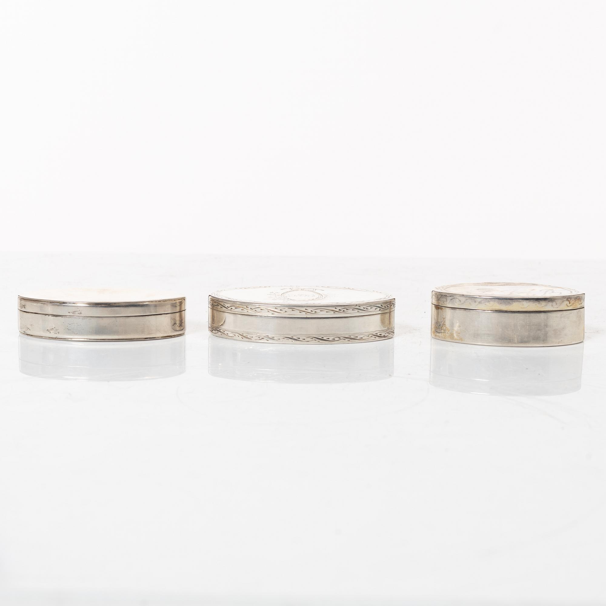 Five Swedish silver boxes, 18th-19th Century.