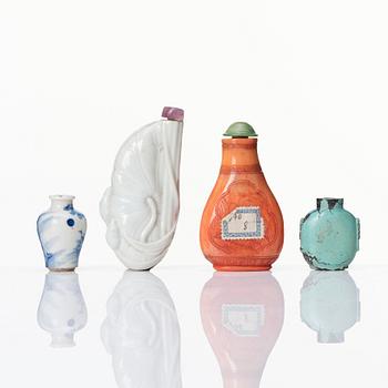 A set of three Chinese snuff bottles and a Chinese miniature vase.