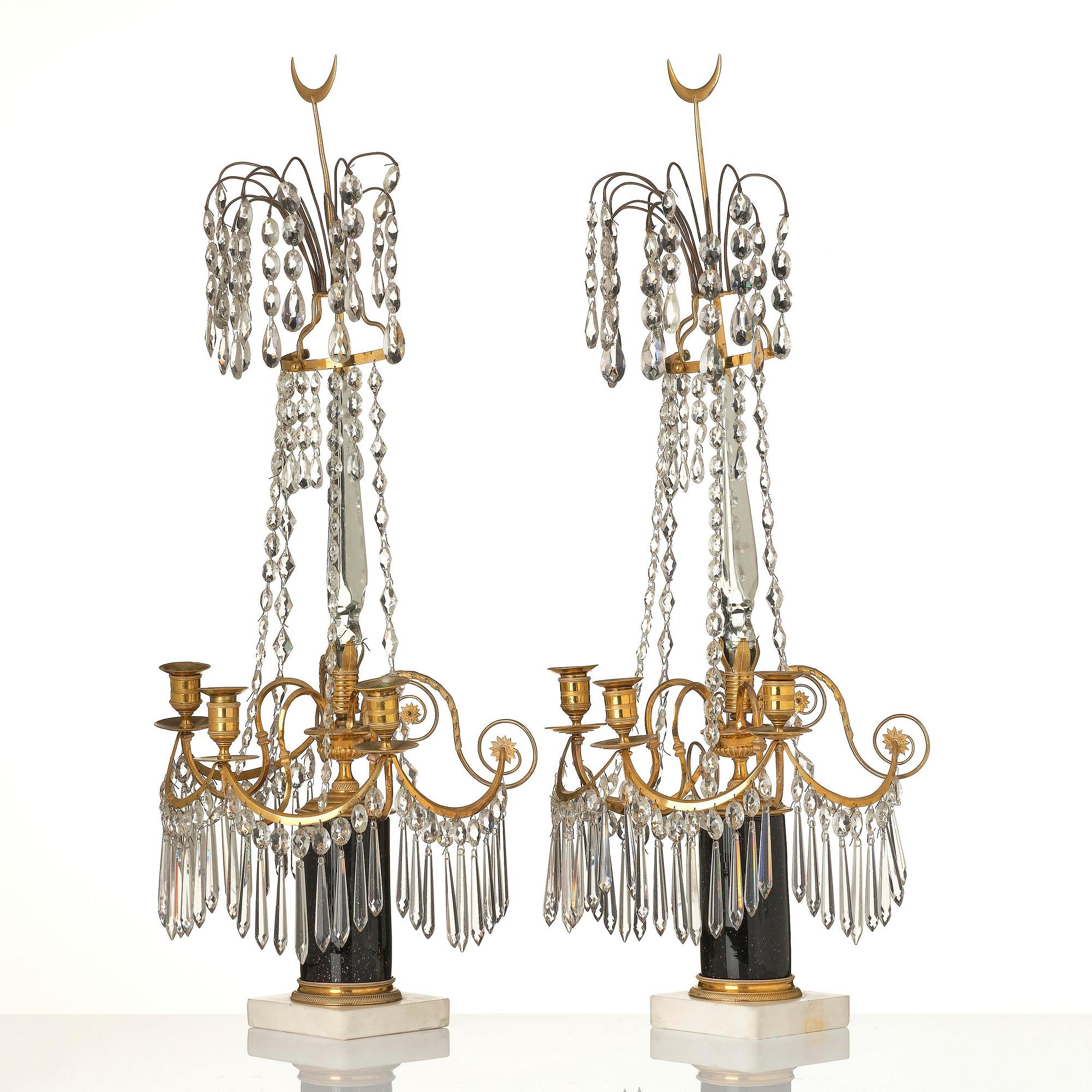 A pair of late Gustavian ormolu and marble three-light candelabra, Stockholm, late 18th century.